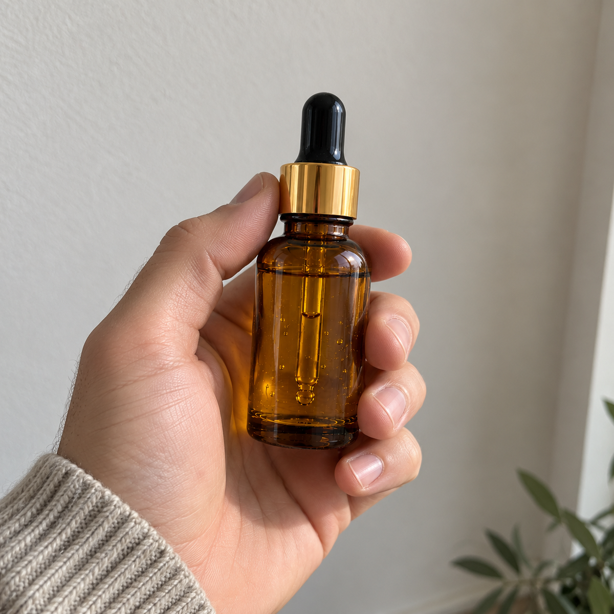 Fragrance oil bottle held in a hand, showing its size