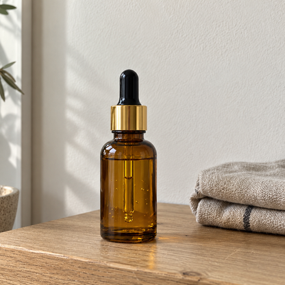 Fragrance oil bottle lying on linen