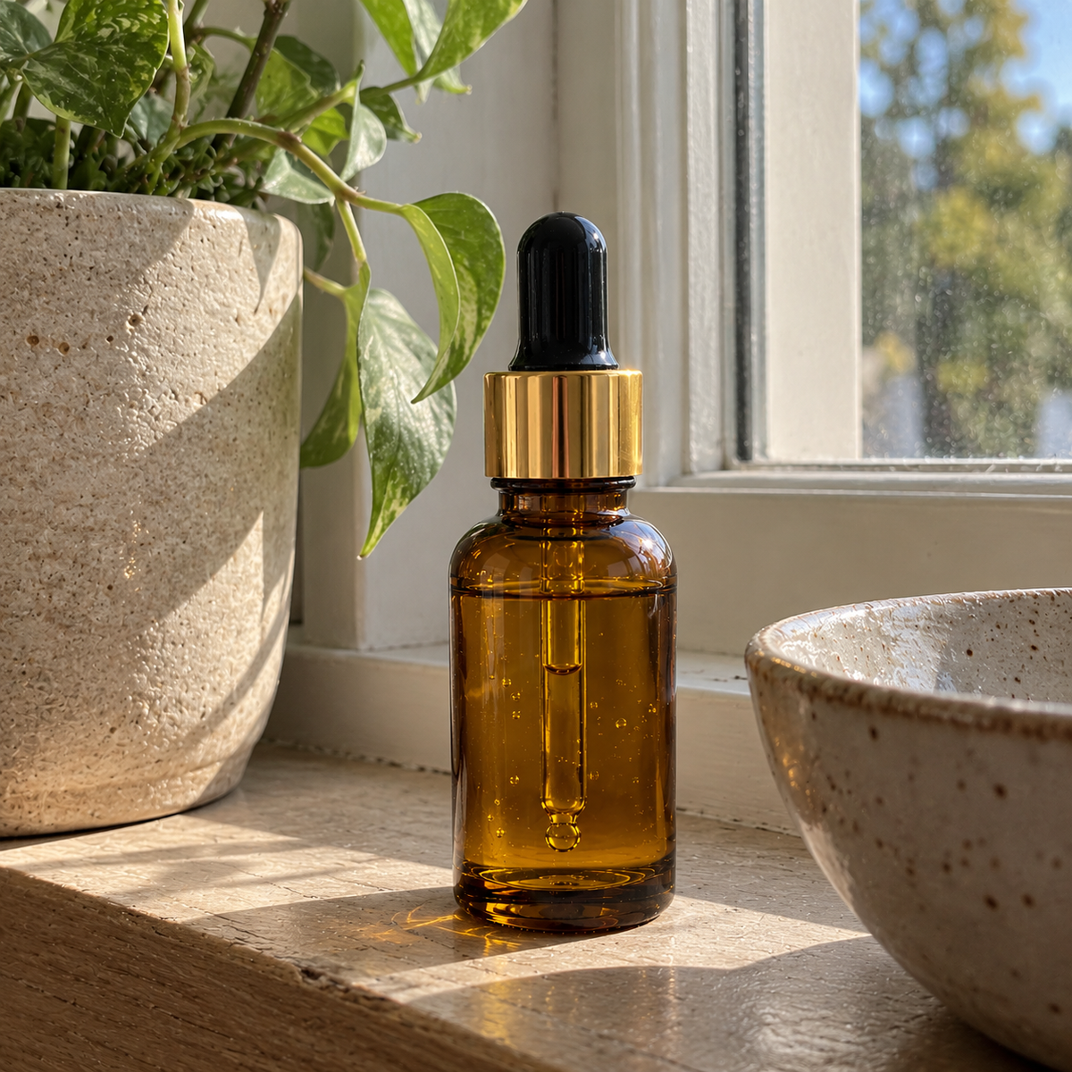 Fragrance oil bottle on a sunlit windowsill