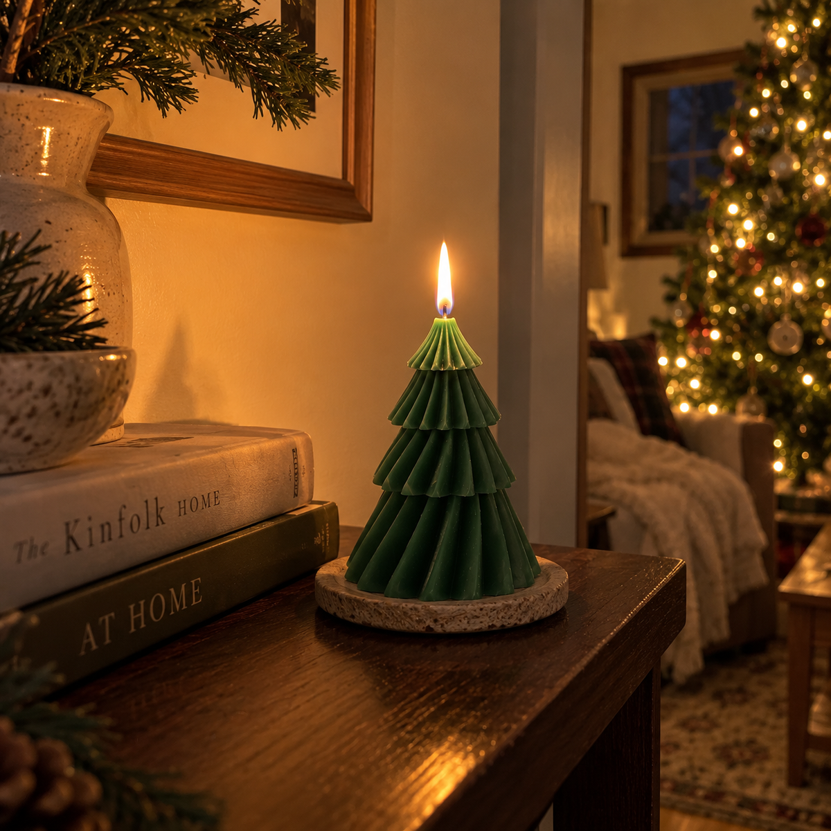Christmas tree candle in a corner by the tree