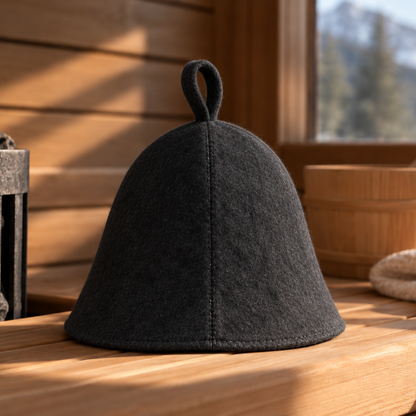 Nordhavn Sauna Hat in black felt on a wooden sauna bench