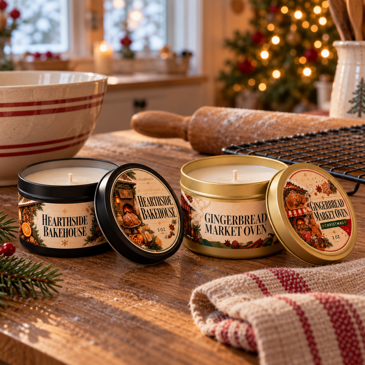 Holiday tin candles on a baking display