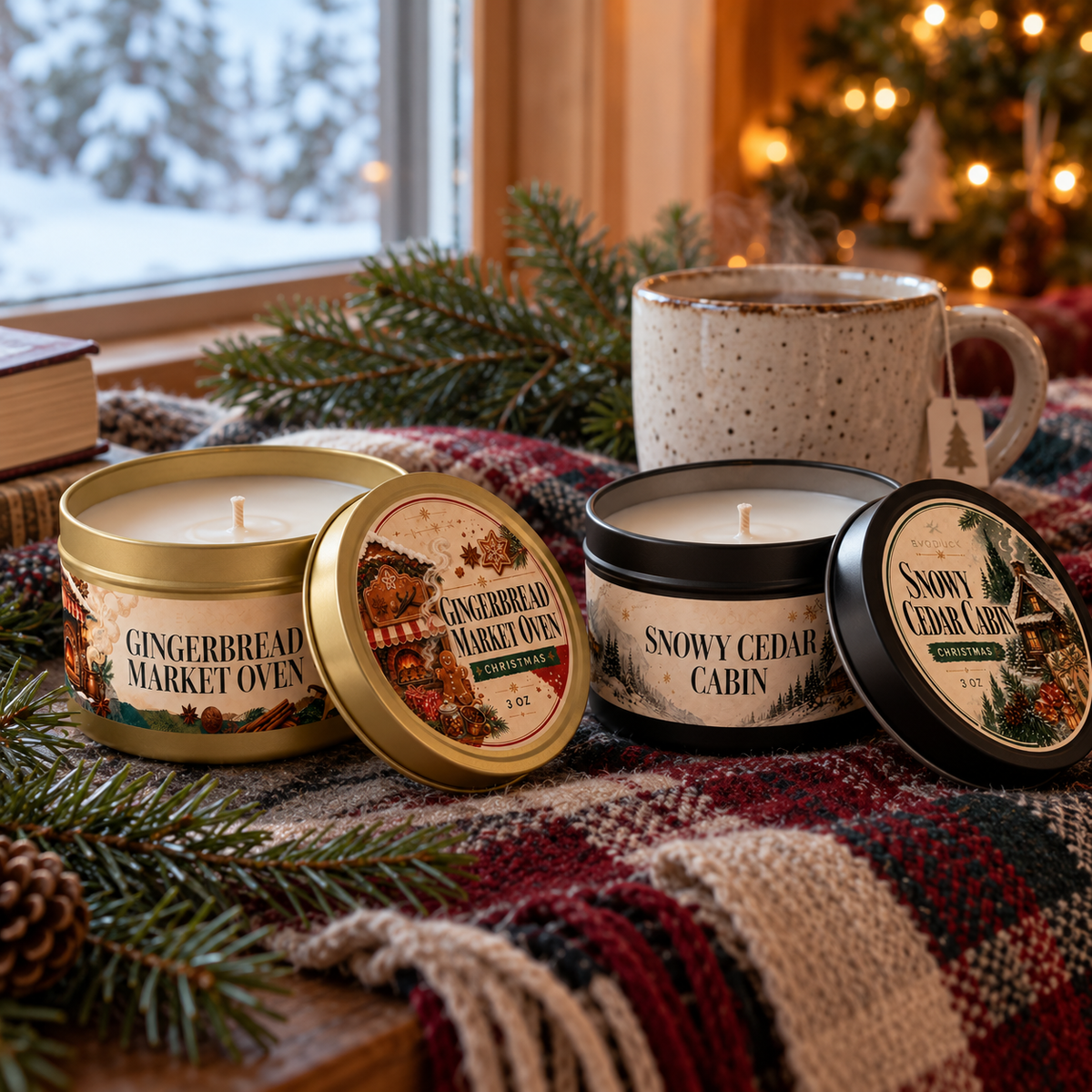 Holiday tin candle on a cabin-style shelf