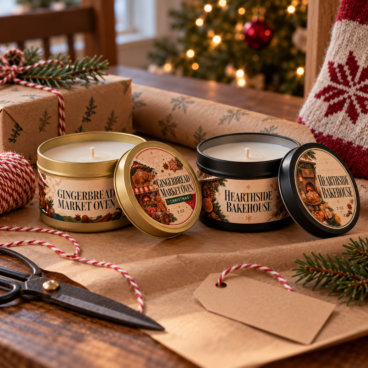 Holiday tin candle with gift wrapping supplies