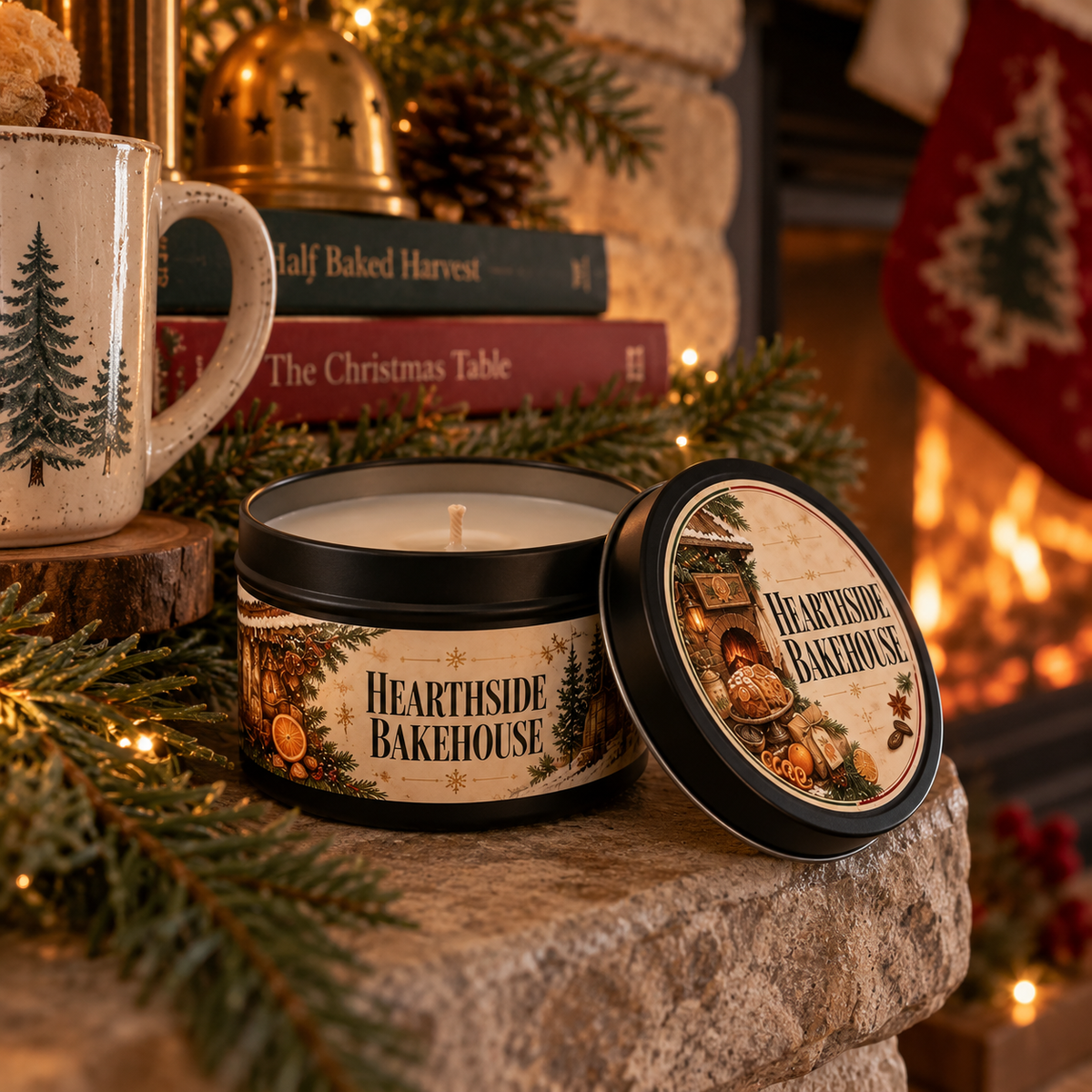 Hearthside Bakehouse holiday tin candle, still life