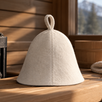 Nordhavn Sauna Hat in white felt on a wooden sauna bench