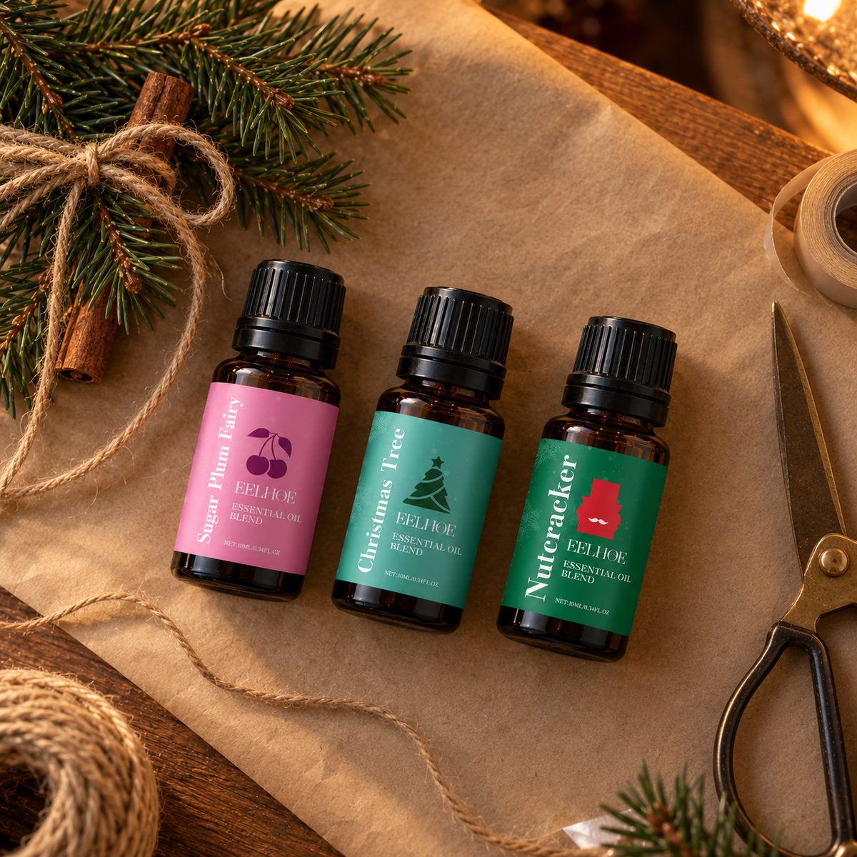 Holiday fragrance oil bottles with gift wrap