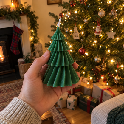 Christmas tree candle beside a Christmas tree