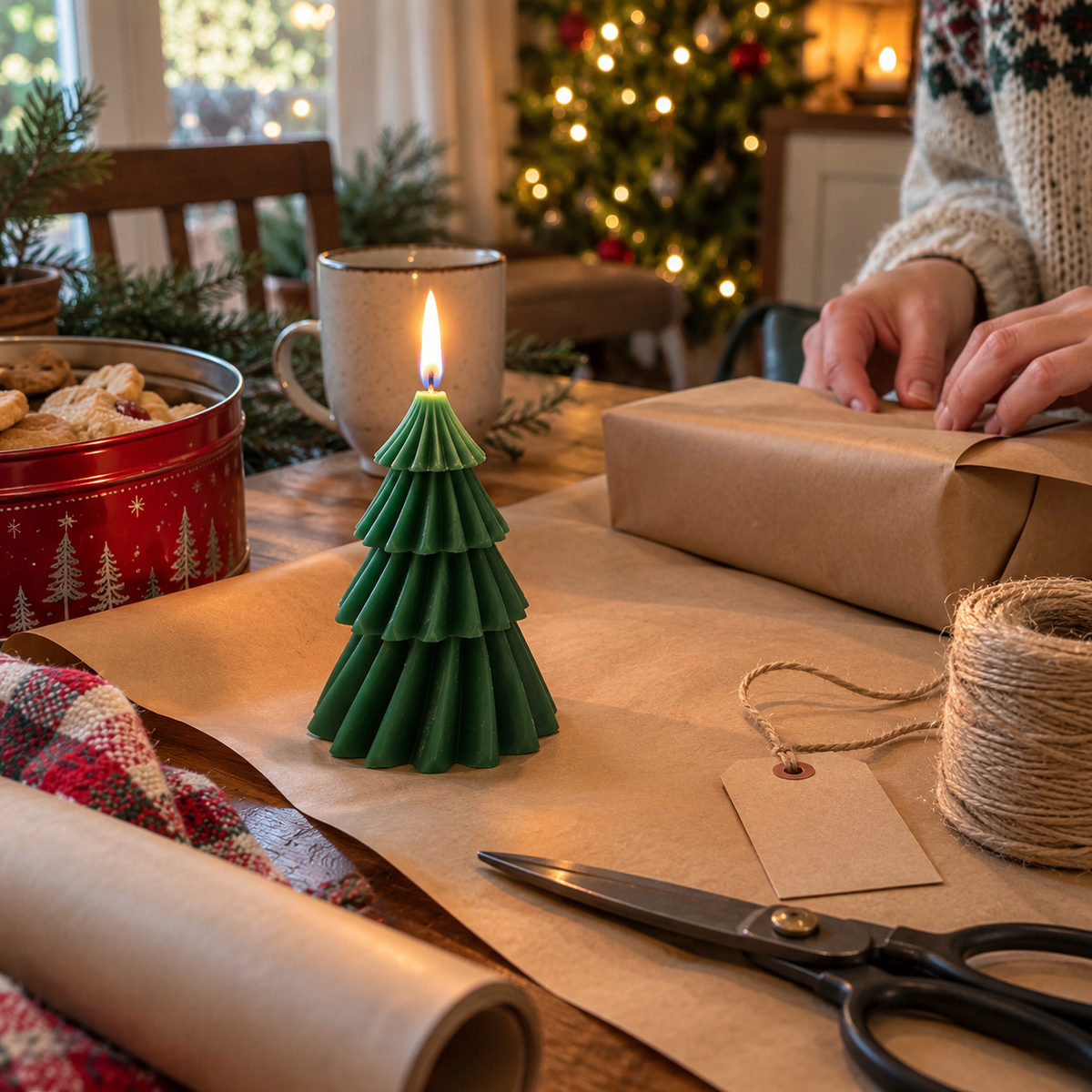 Christmas tree candle with gift wrapping supplies