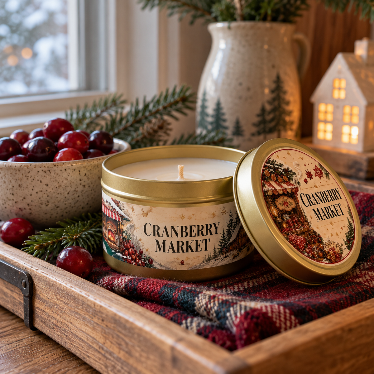 Cranberry Market holiday tin candle, still life