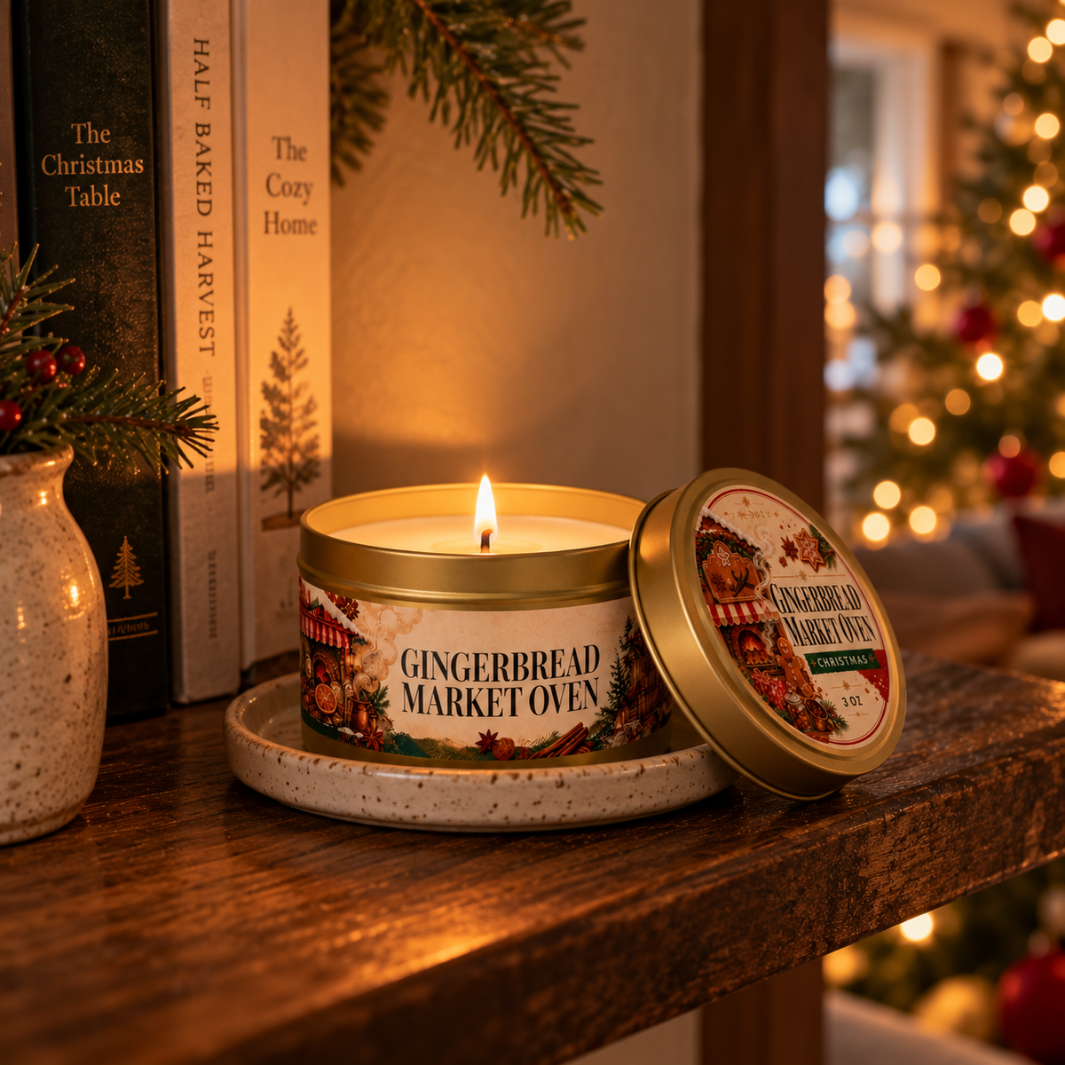 Gingerbread Market tin candle beside a lit Christmas tree