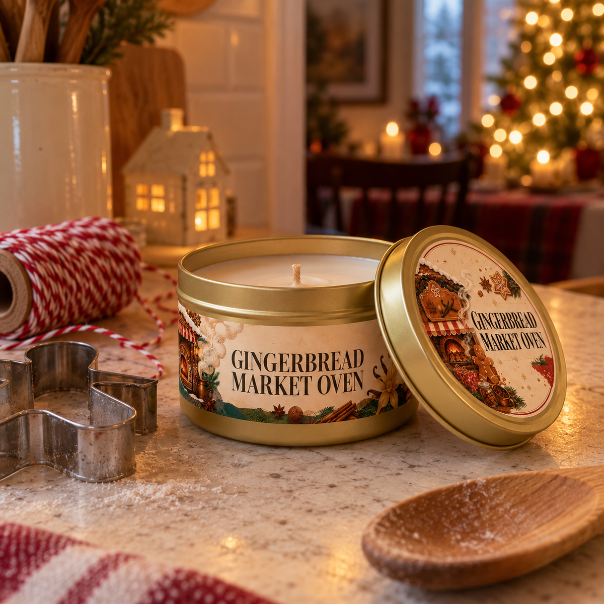 Gingerbread Market holiday tin candle in a kitchen scene