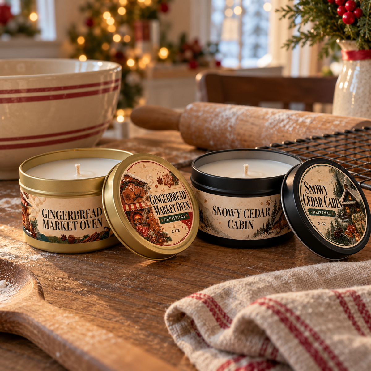 Gingerbread Market and Snowy Cedar Cabin tin candles in a kitchen