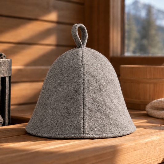 Nordhavn Sauna Hat in grey felt on a wooden sauna bench