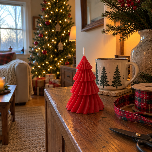 Christmas tree candle on a wooden sideboard in front of a lit tree