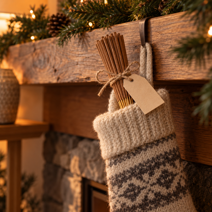 A bundle of sandalwood incense sticks tied with twine in a Christmas stocking