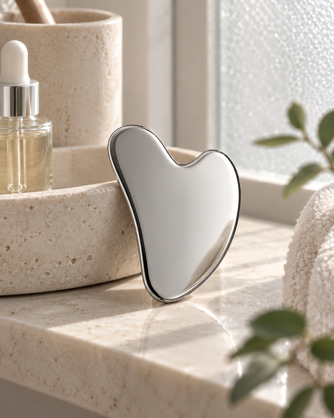 Sculpté gua sha on a bathroom vanity in morning light
