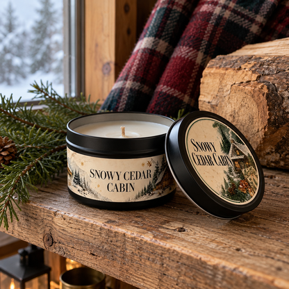 Snowy Cedar Cabin holiday tin candle, still life
