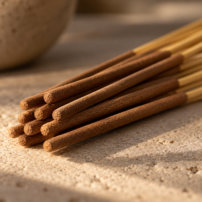 Close-up of sandalwood incense sticks resting on stone