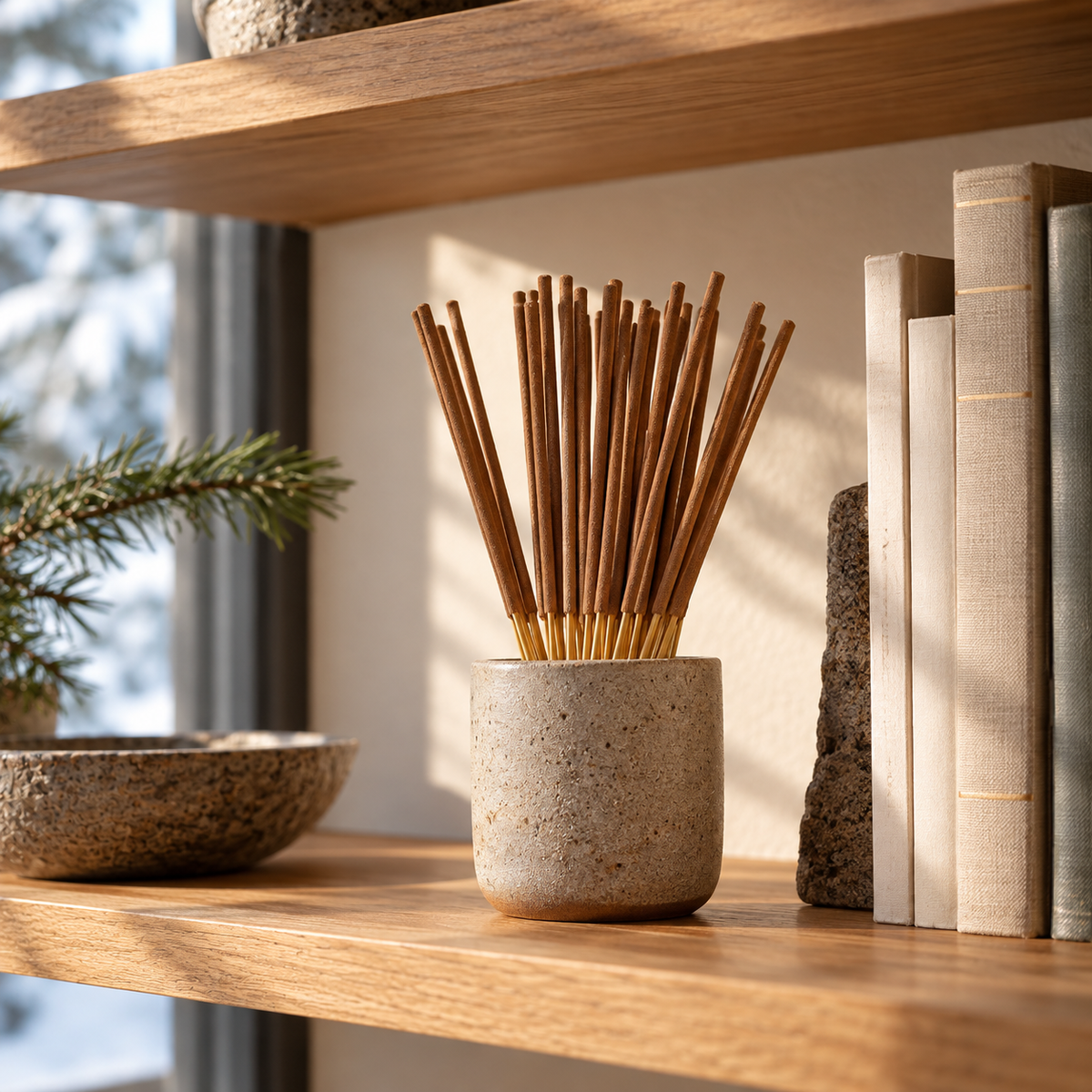 Sandalwood incense sticks standing in a stoneware cup on a wooden shelf